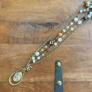 Gold Tone Multi Tiered Chain with natural beads & Bead Pendant